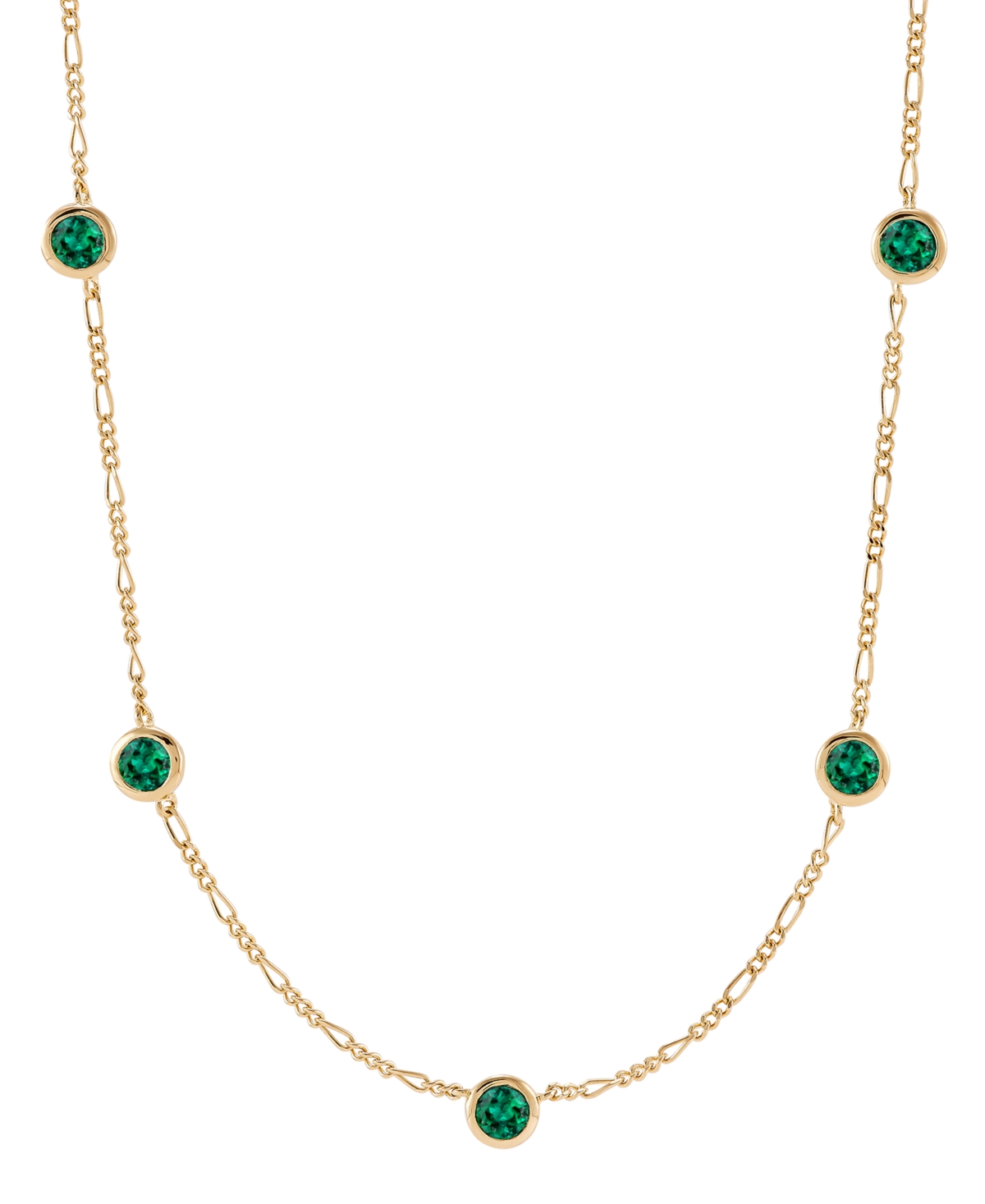 Macy's Lab-grown Emerald Station Figaro Collar Necklace (1-1/5 Ct. T.w.) In 14k Gold-plated Sterling Silver