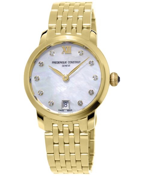 Женские часы Frederique Constant Swiss Slimline Diamond (1/20 ct. t.w.) Gold-tone Stainless Steel Bracelet Watch 30mm