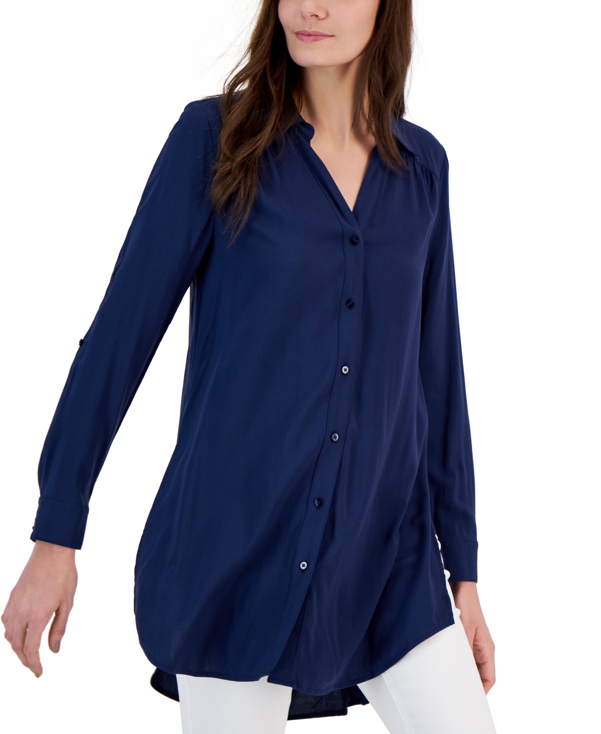 Inc International Concepts Women's Roll-tab Button-down Long Blouse, Created For Macy's In Indigo Sea