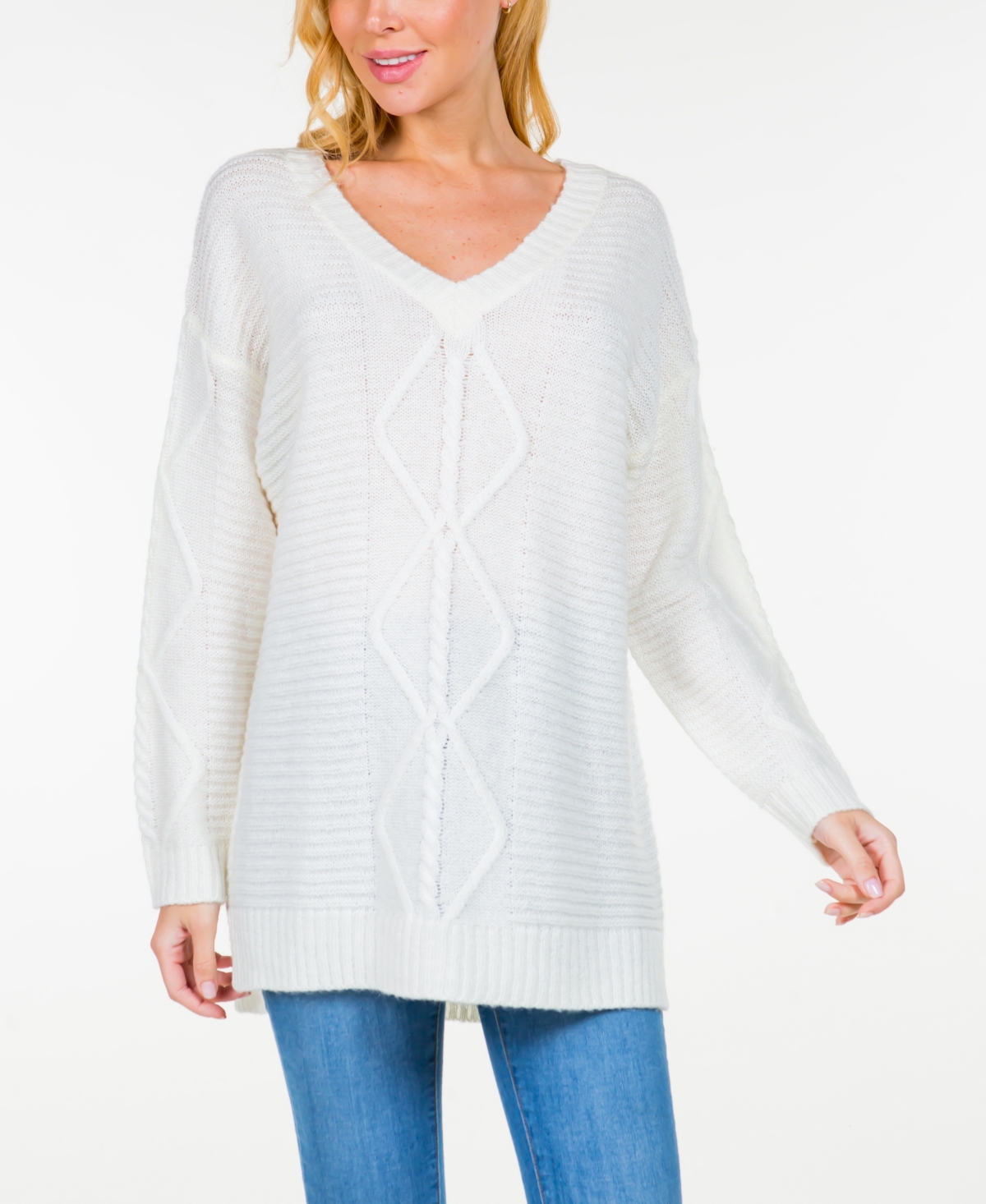 Fever Women's Rib and Cable Knit Long Sleeve V-Neck Sweater