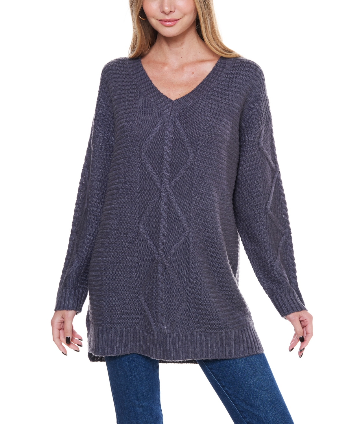 Fever Women's Rib and Cable Knit Long Sleeve V-Neck Sweater
