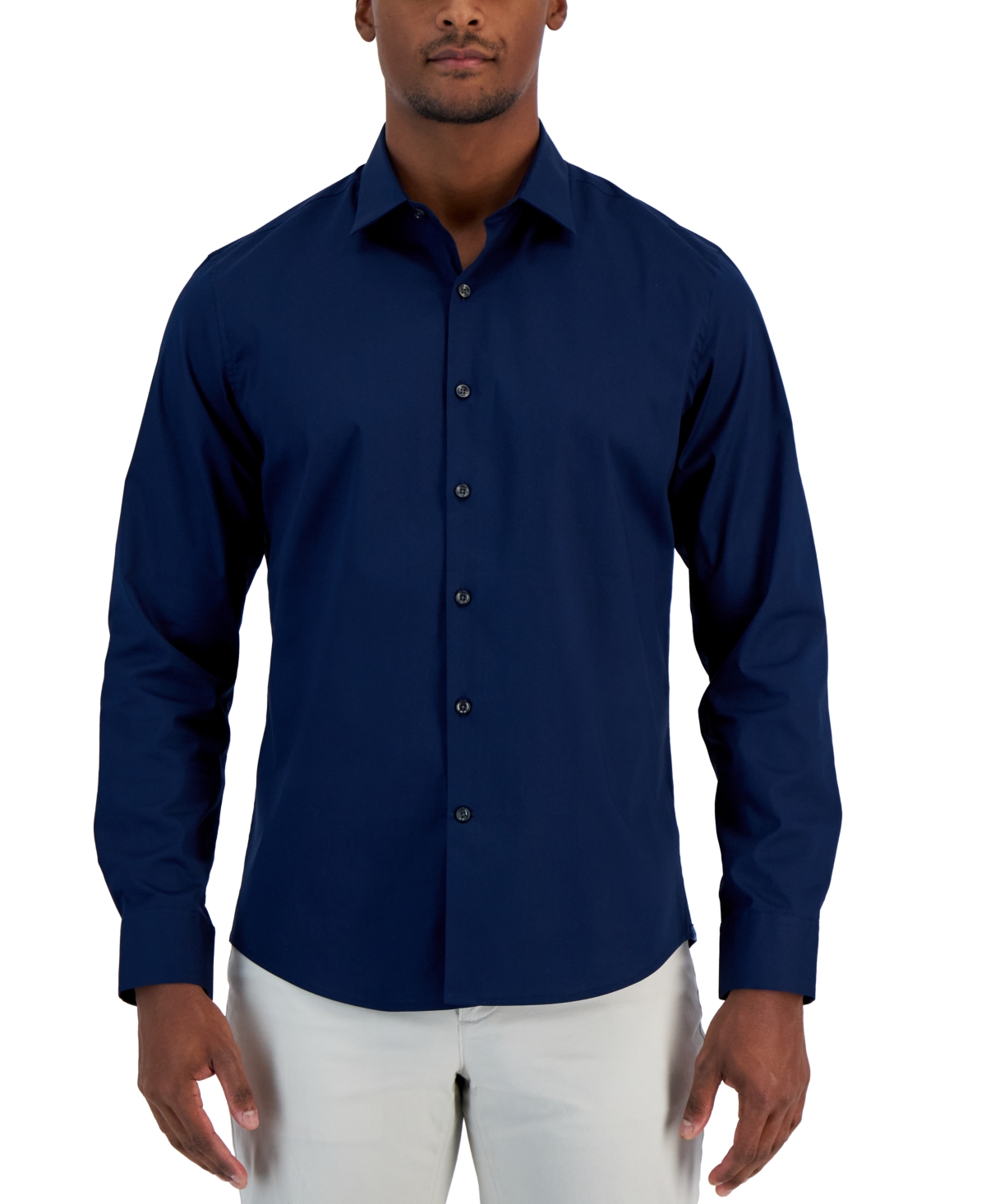 Shop Alfani Men's Modern Classic-fit Stretch Solid Button-down Shirt, Created For Macy's In Neo Navy