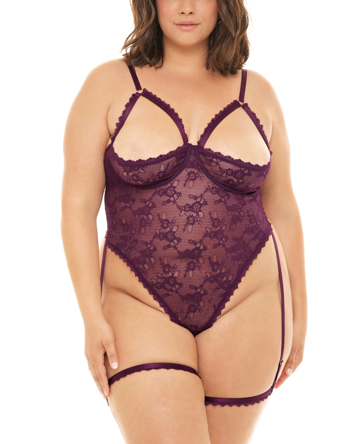 Plus Size Elayne Open Shelf Cup Teddy with Open Gusset and Garter Stays - Potent Purple