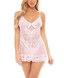 Women's Valentine Soft Cup Lacey Babydoll and G-string Set