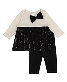 Baby Girls Solid Knit Full Sleeve to Sequins Mesh Skirt top with Bow Sequins Embroidery Applique and Solid Knit Legging Set, 2 Piece