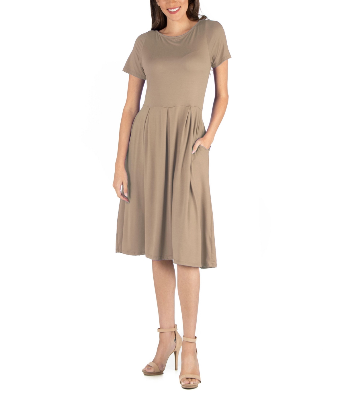 Midi Dress with Short Sleeves and Pocket Detail - Taupe