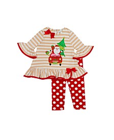 Baby Girls Oatmeal Stripe Knit with Santa Car Applique to Printed Dot Legging