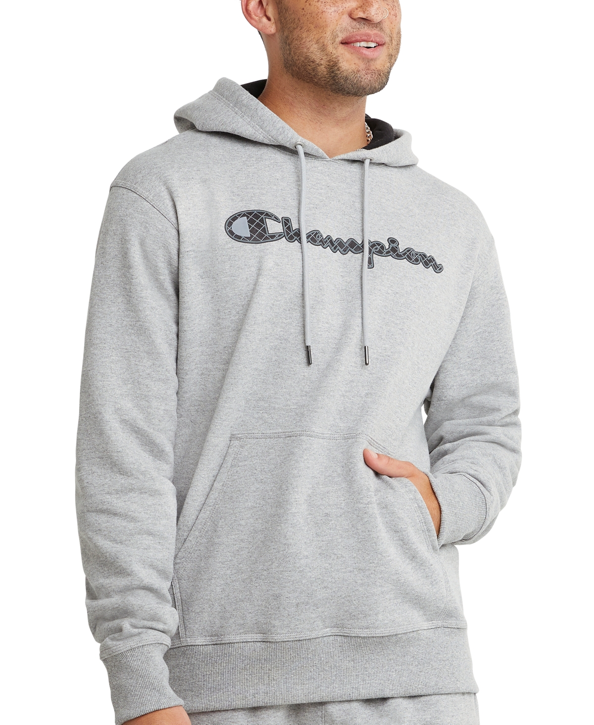 Champion Men s Powerblend Logo graphic Hoodie In Oxford Gray