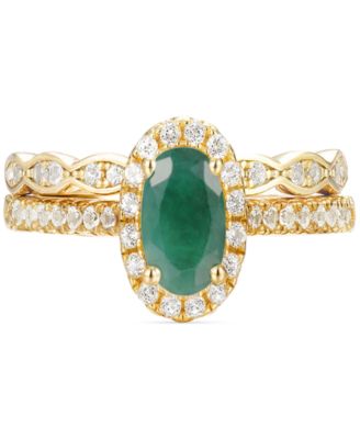 Macy's - 2-Pc. Set Emerald (3/4 ct. t.w.) & White Topaz (1/4 ct. t.w.) Halo Ring & Fitted Band in Gold-Plated Sterling Silver (Also in Sapphire & Morganite)