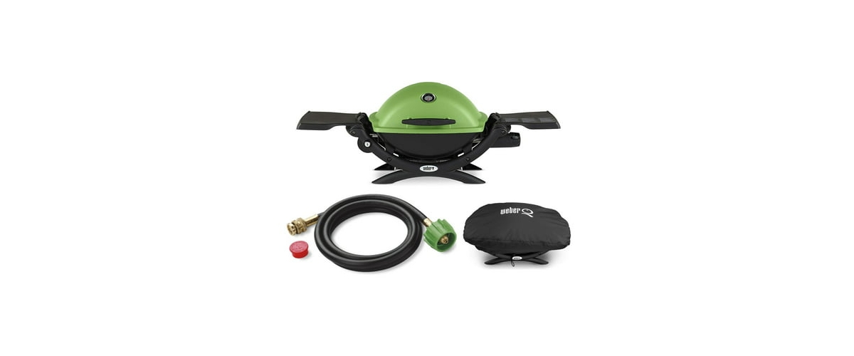 Q 1200 Liquid Propane Grill Green With Adapter Hose And Grill Cover - Green