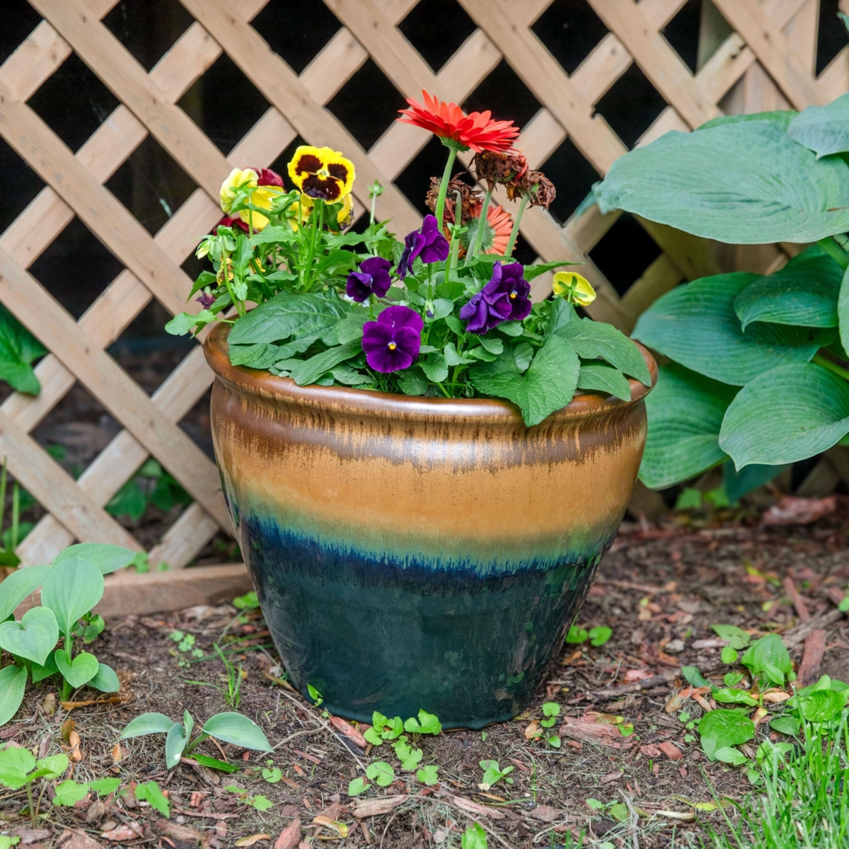 Sunnydaze Decor Chalet High-Fired Glaze Ceramic Planter - Forest Lake Green