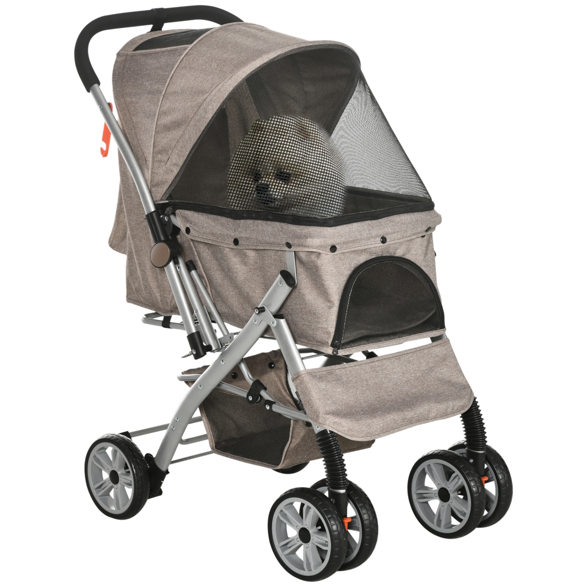 Small Dog Pet Stroller, Adjustable Canopy, Brakes, Storage Basket, - Brown