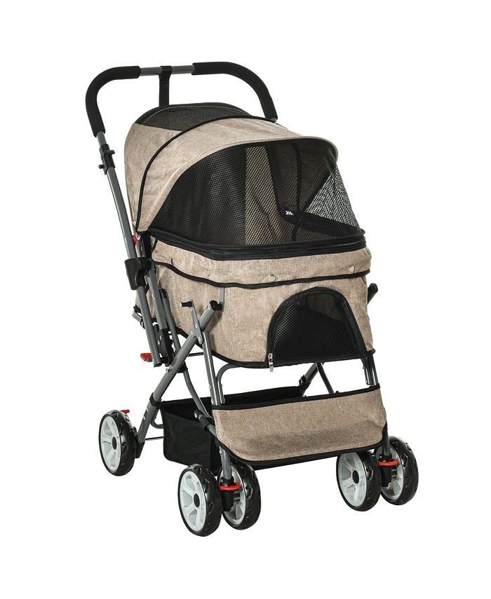 PawHut Travel Pet Stroller One-Click Fold Jogger Pushchair with Swivel Wheels, Brakes, Basket Storage, Safety Belts, Canopy, Brown