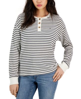 Tommy Hilfiger Women's Long Sleeve Striped Boxy Henley Top Red