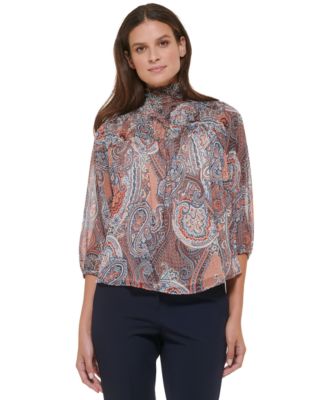 high neck elbow sleeve blouse