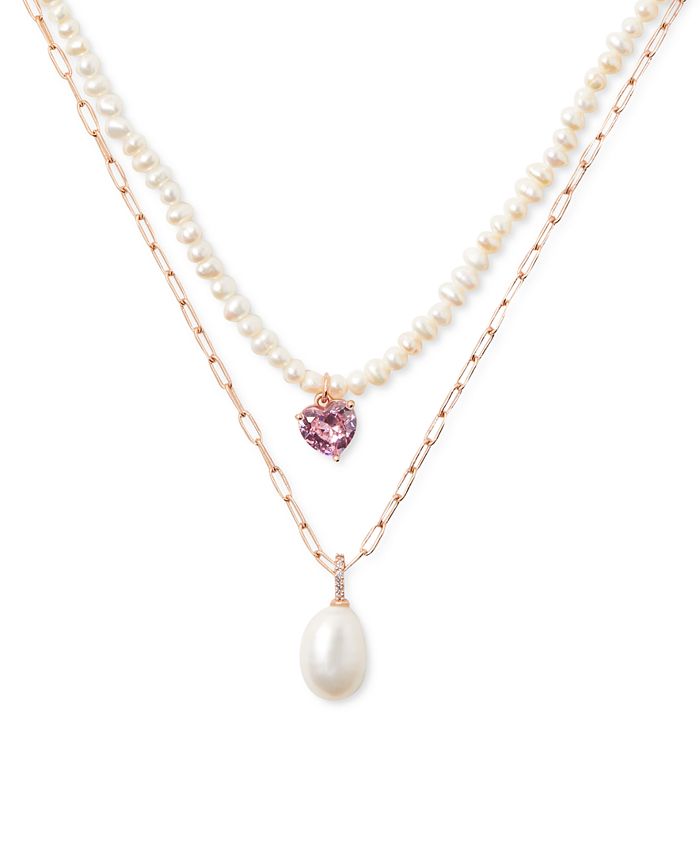 kate spade new york Rose-Tone Cubic Zirconia & Imitation Pearl Layered  Pendant Necklace, 17