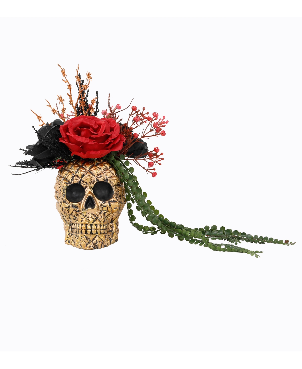 Halloween Floral Arrangement with Rose String of Pearls in Ceramic Skull, 6.25" - Gold-Tone, Green