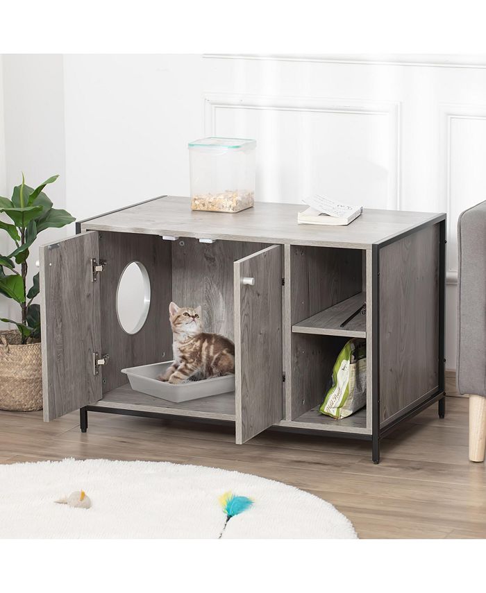 PawHut Pet Cat Litter Box w/ Easyentry Wide Surface Adjustable Shelves