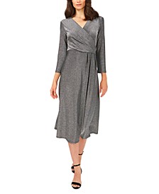 Petite 3/4-Sleeve Surplice Metallic Midi Dress