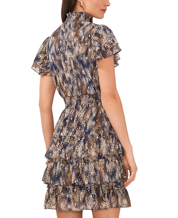Smocked Mock Neck Lantern Sleeve Mini Dress