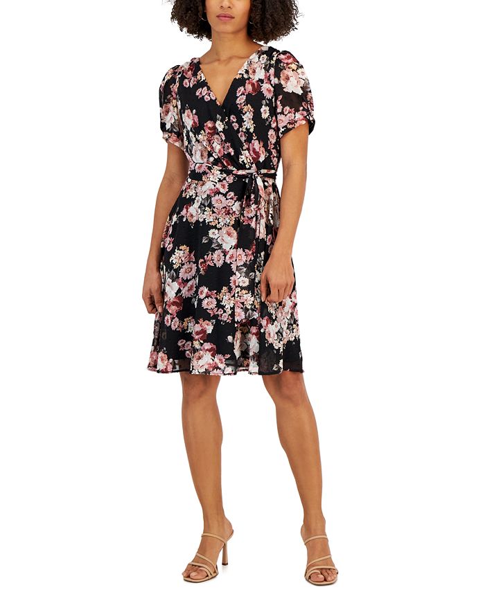 Connected Petite Printed Twist Puff-Sleeve Belted Dress - Macy's