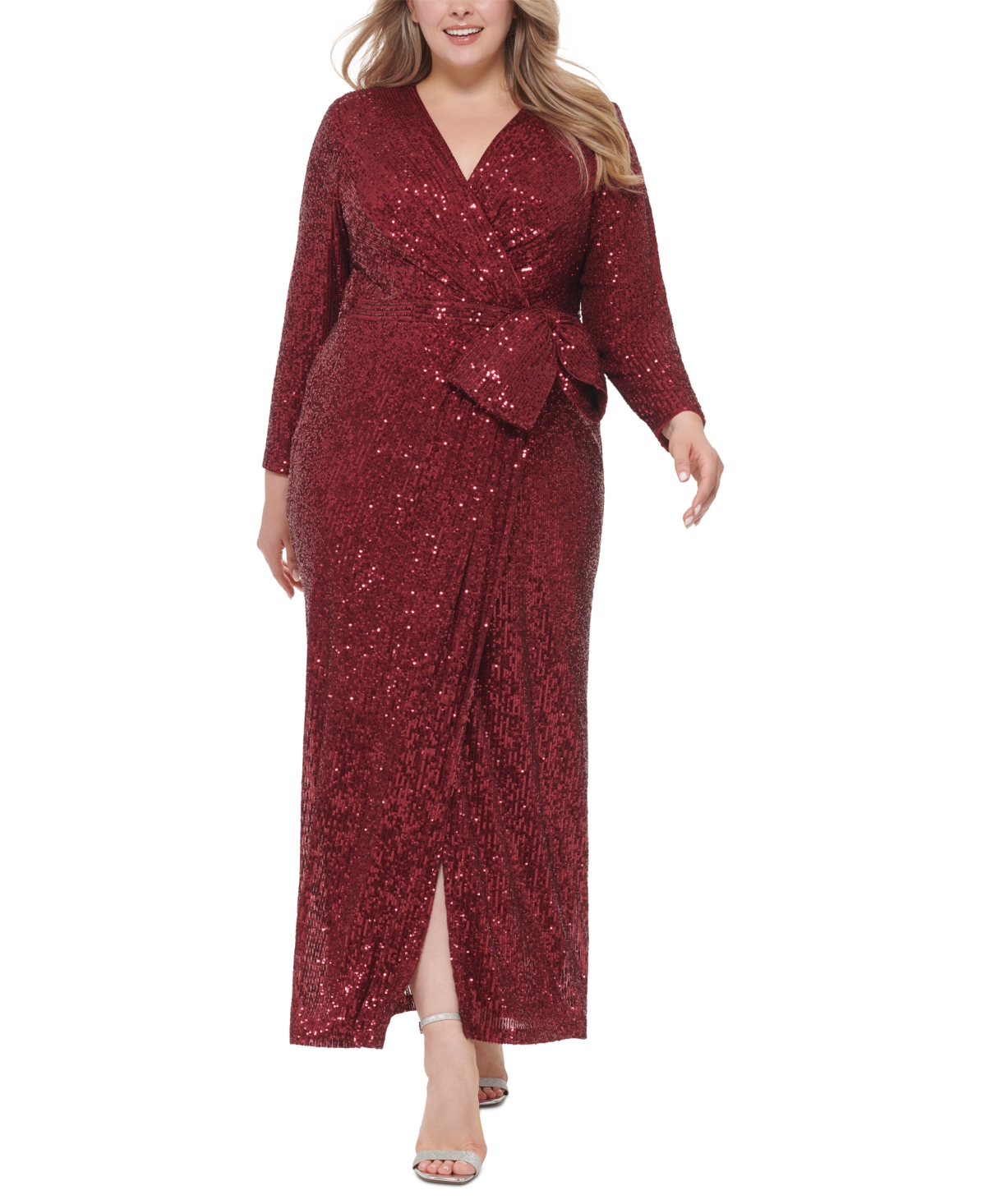 Eliza J Plus Size V-neck Long-sleeved Sequinned Gown In Ruby Red