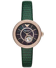 Women's Automatic Green Leather Strap Watch 34mm