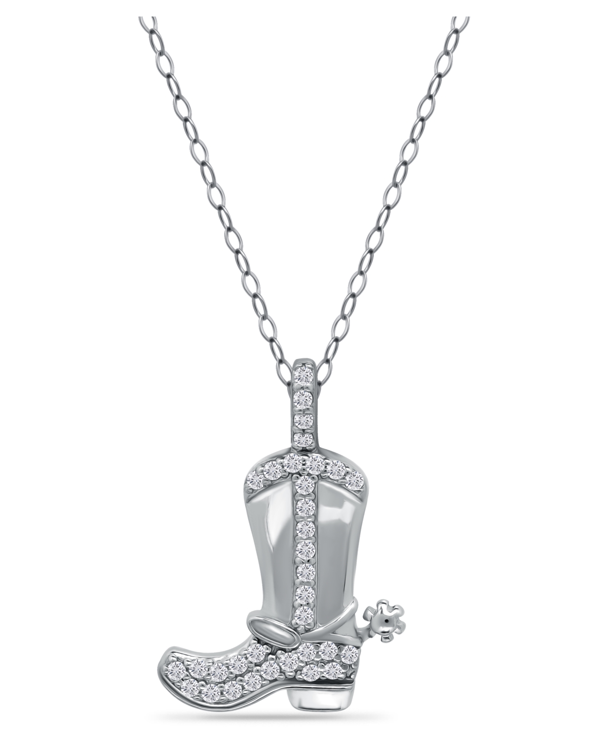Cubic Zirconia Cowboy Boot with Spur Pendant Necklace in Sterling Silver - Sterling Silver