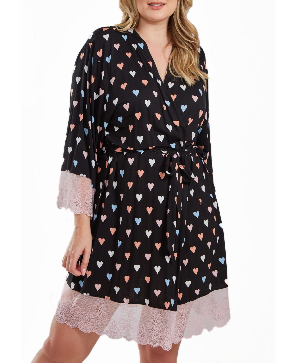 Shop Icollection Tobey Plus Size Modal Hearts Robe Trimmed In Contrast Lace With Self Tie Sash In Pink-black