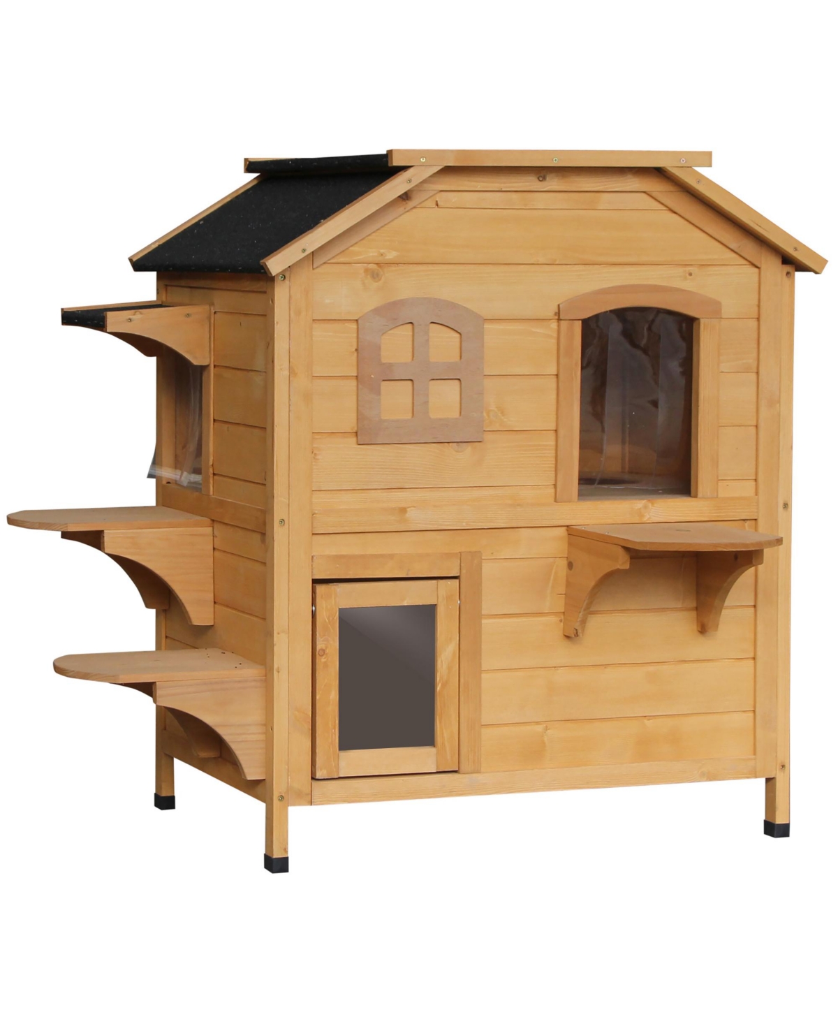 2-Story Wooden Cat Condo Balcony & for Indoor Outdoor Use Natural - Natural