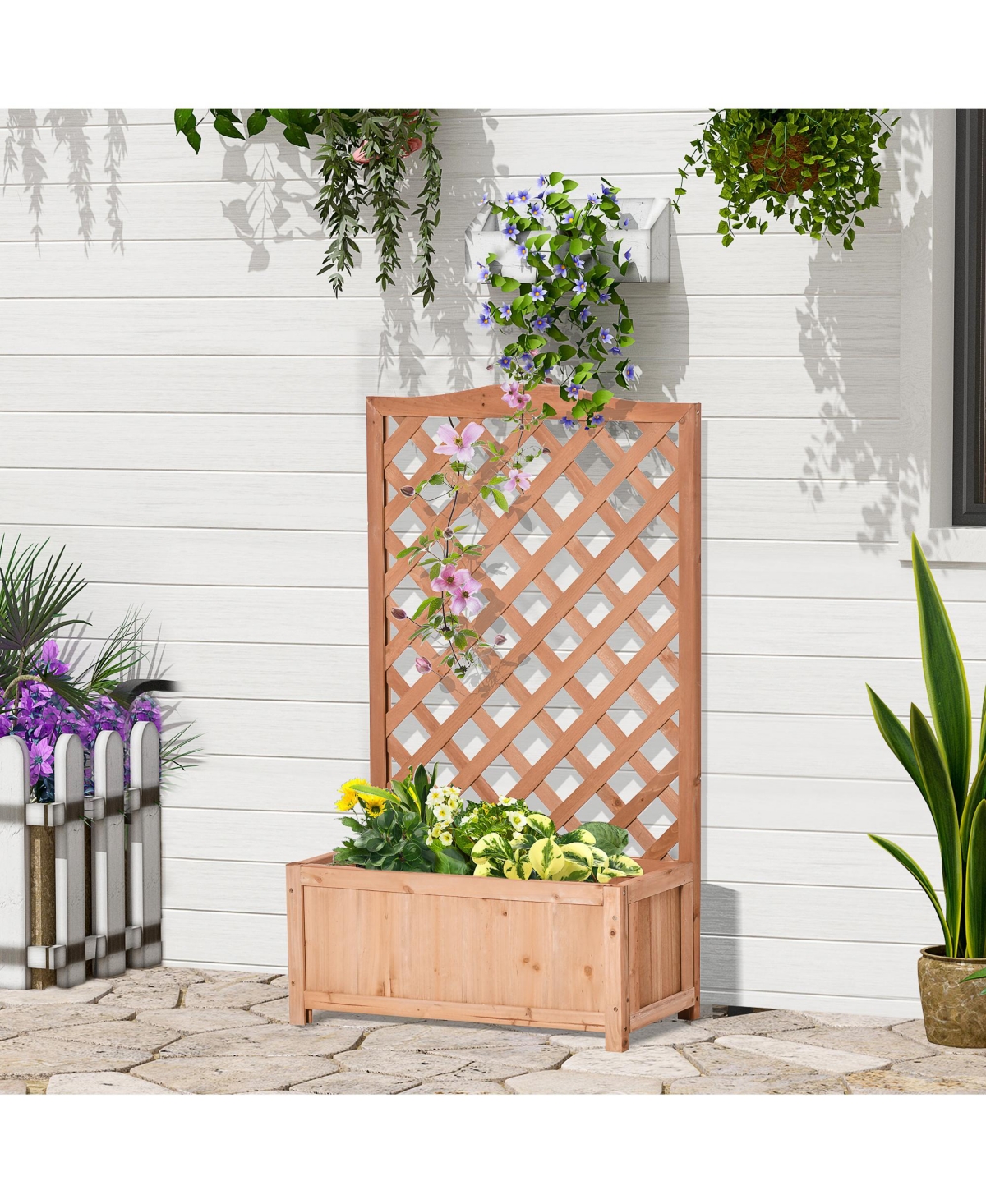 28"x11"x46" Raised Garden Bed Wood Planter Box w/ Vine Trellis, Brown - Brown