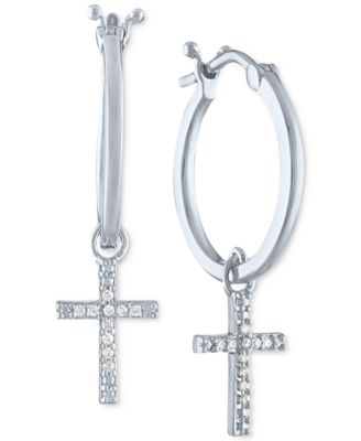 Sterling Silver  Round Diamond Cross Faith Stud Earrings 1/10 ctw