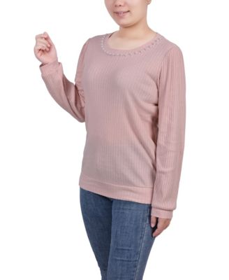 Petite Long Sleeve Ribbed Imitation Pearl Trimmed Top