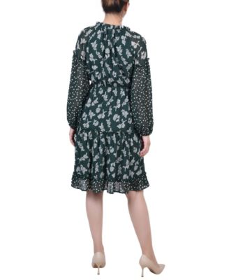 Petite Long Sleeve Combo Chiffon Dress