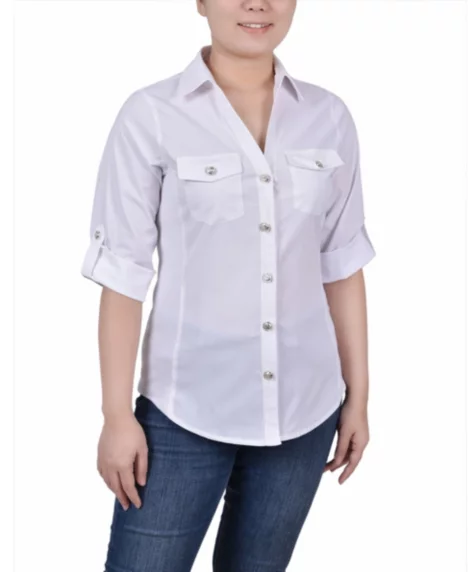 Petite Roll Tab Blouse with Rib Insets - White