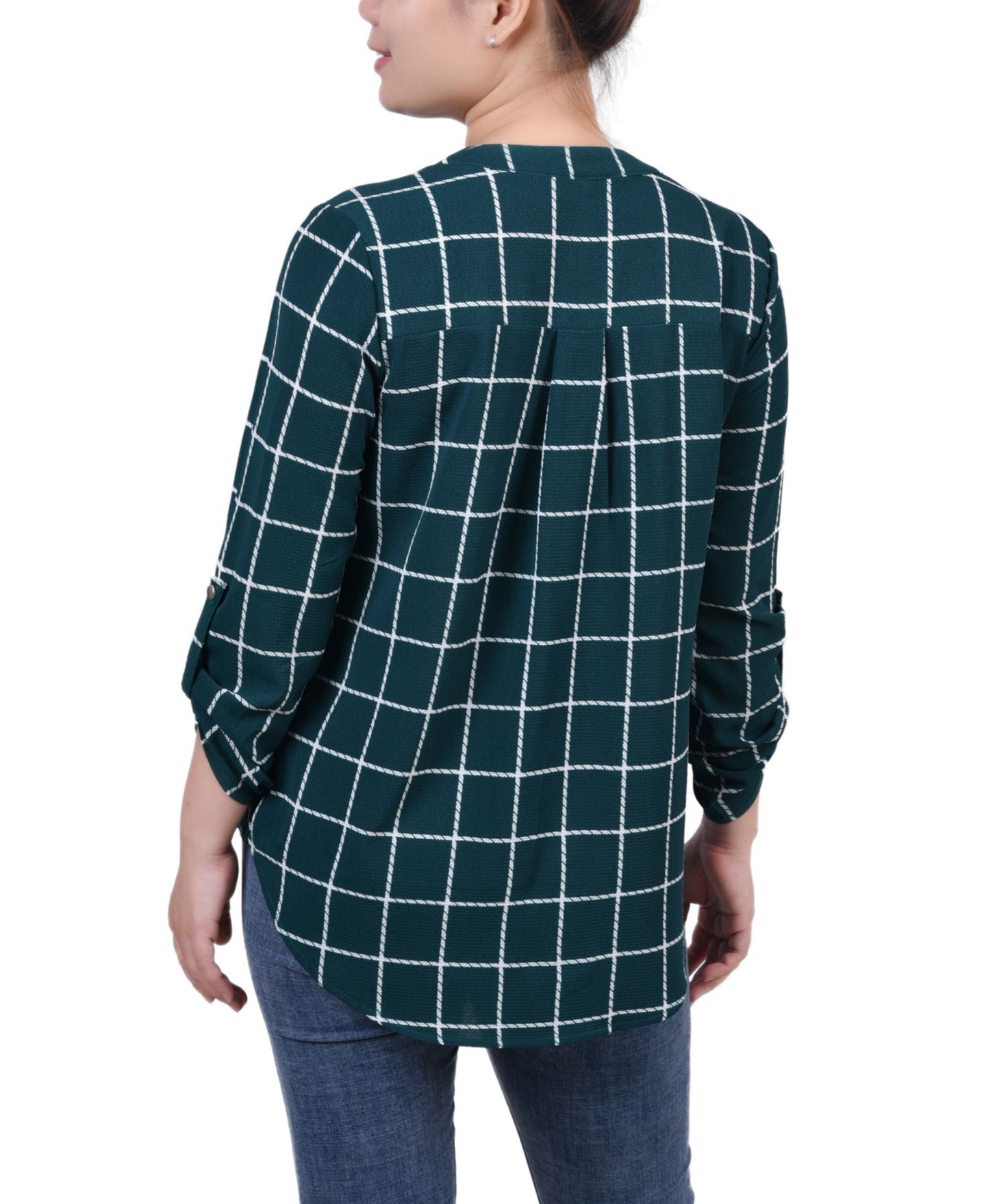 Женская блузка NY Collection Petite Size 3/4 Push Tab Mandarin Collar with Front Pleats, цвет: Зелёный с принтом — фото 2