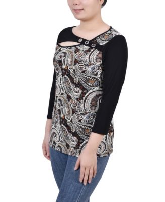 Petite 3/4 Sleeve Puff Print Cutout Top