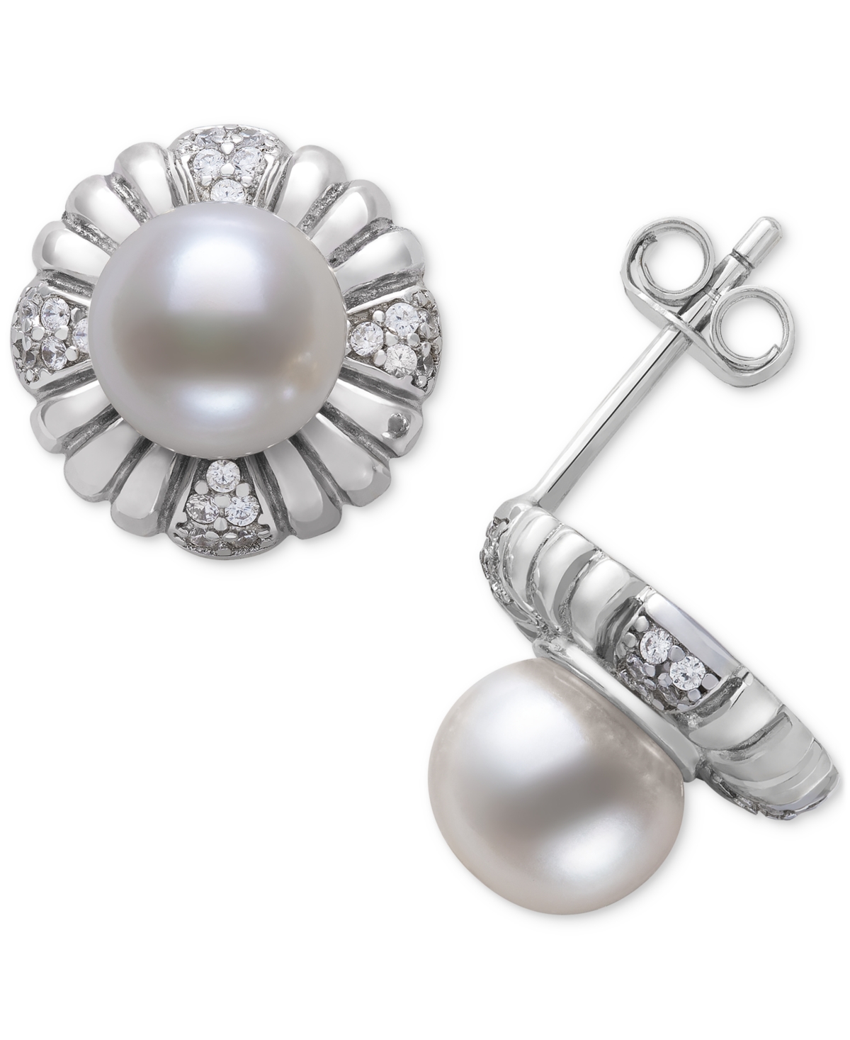 Belle De Mer Cultured Freshwater Pearl (7-8mm) & Lab-created White Sapphire Flower Stud Earrings In Sterling Silv In Sterling Silver