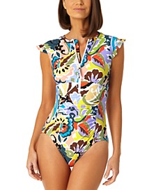 Women's Printed Flutter-Sleeve Zip-Front Swimsuit