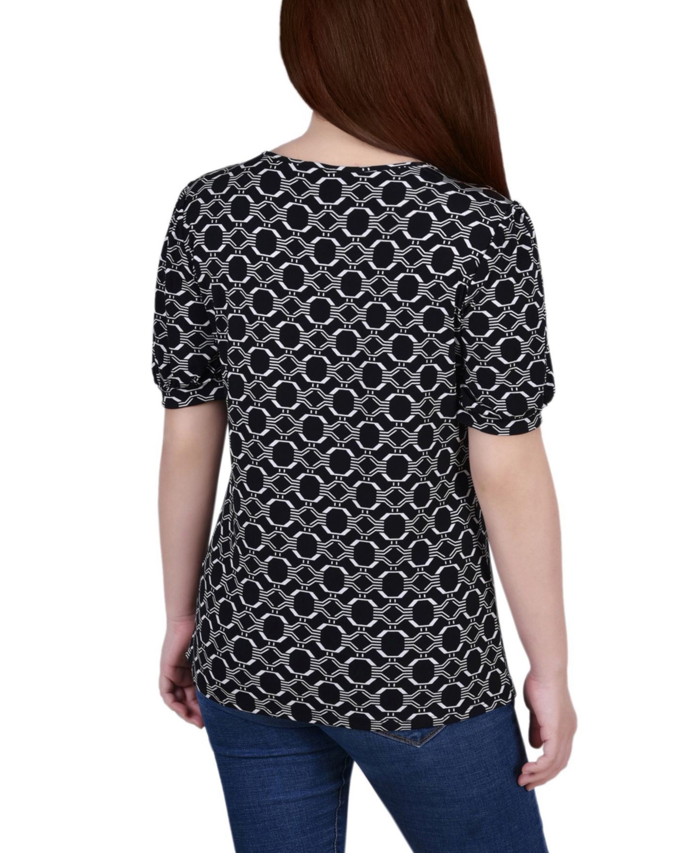 Женский топ NY Collection Petite Short Puff Sleeve Mesh Inset, цвет: Чёрный белый — фото 5