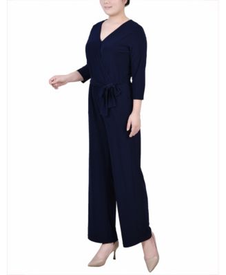 Petite Short 3/4 Sleeve Belted Wide Leg Jumpsuit