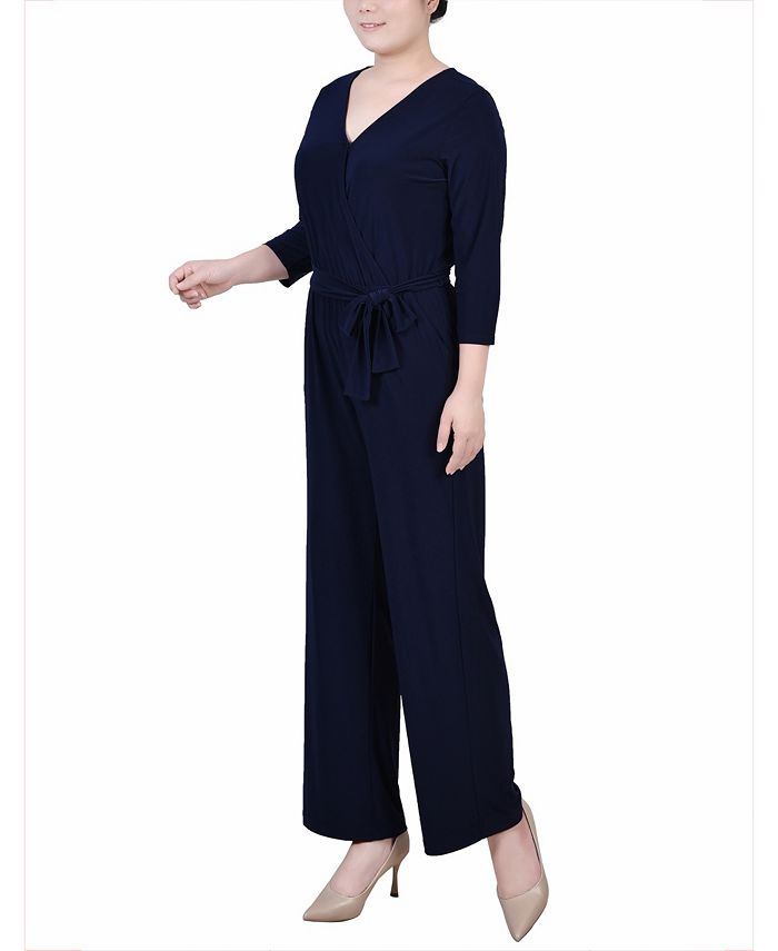 NY Collection Petite Short 3/4 Sleeve Belted Wide Leg Jumpsuit - Macy's