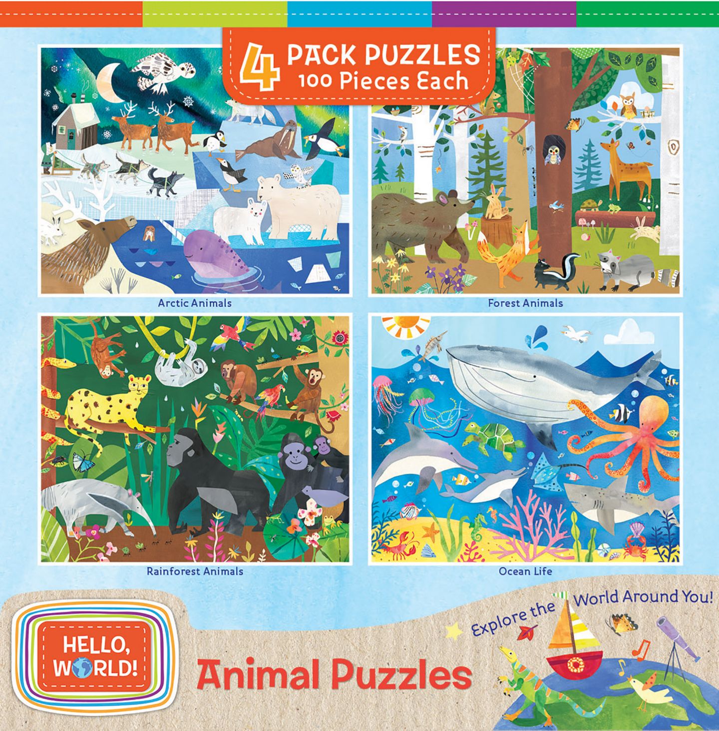 Детские игрушки MasterPieces Puzzles Hello, World! 4-Pack, 100-Piece Puzzles, Ages 6+, цвет: Разноцветный — фото 1