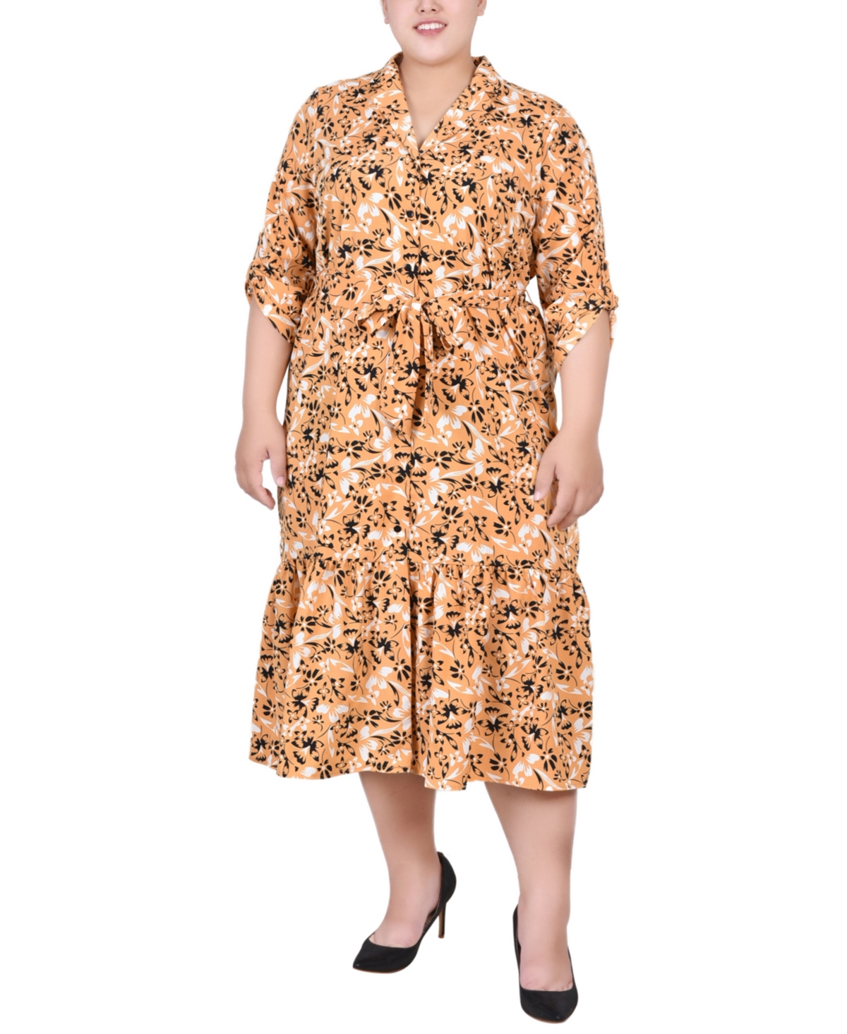 Plus Size Tiered Dress with Belt - Pristine, Black Icemoon