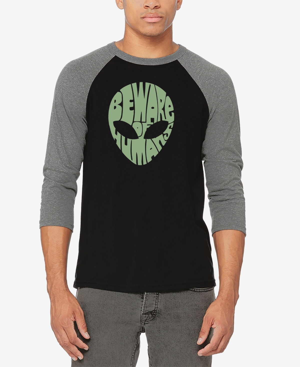 La Pop Art Men's Raglan Baseball 3/4 Sleeve Beware of Humans Word Art T-shirt - Black