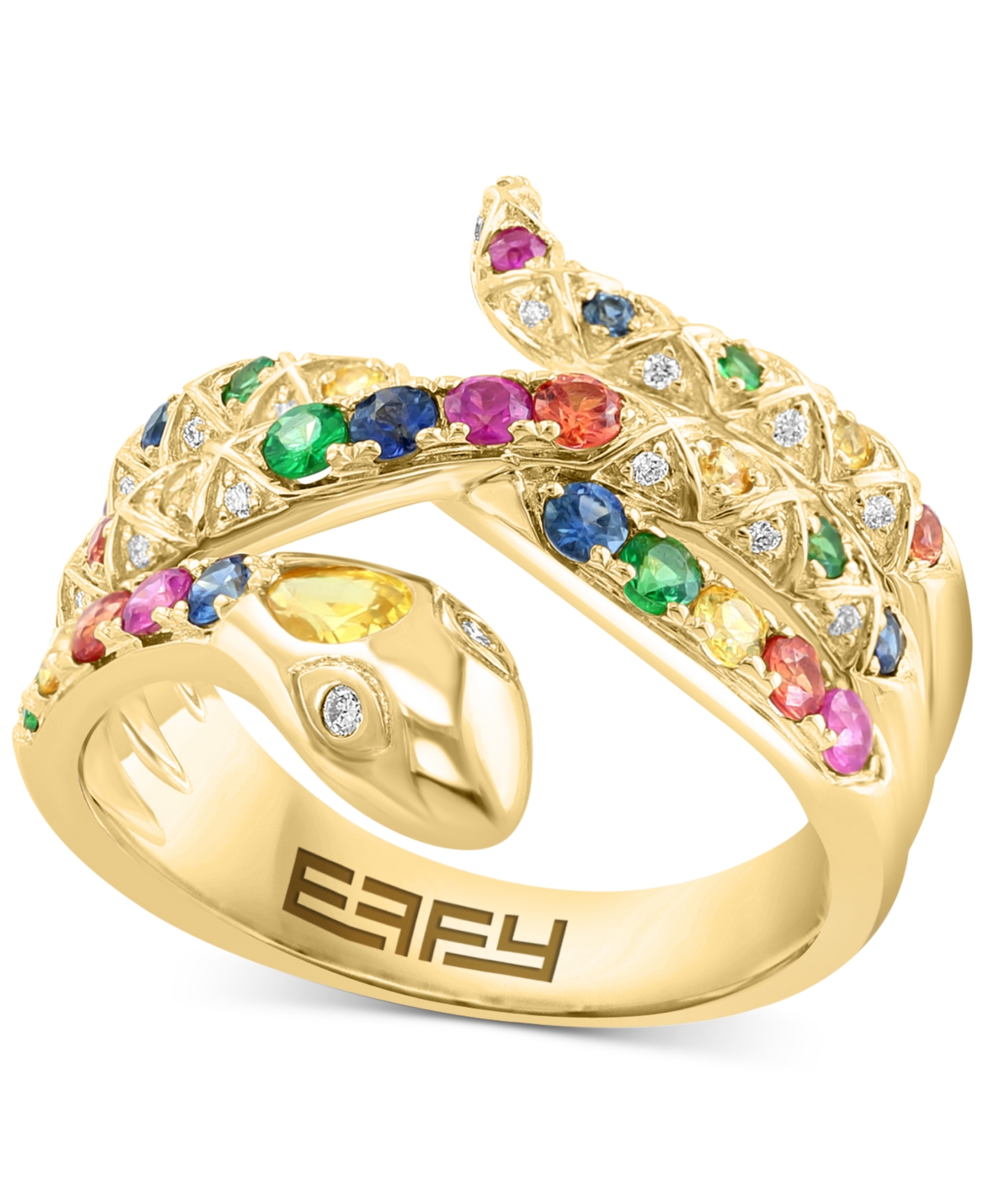 Effy Collection Effy Multi-gemstone (1 Ct. T.w.) & Diamond (1/10 Ct. T.w.) Snake Ring In 14k Gold In Multi Precious