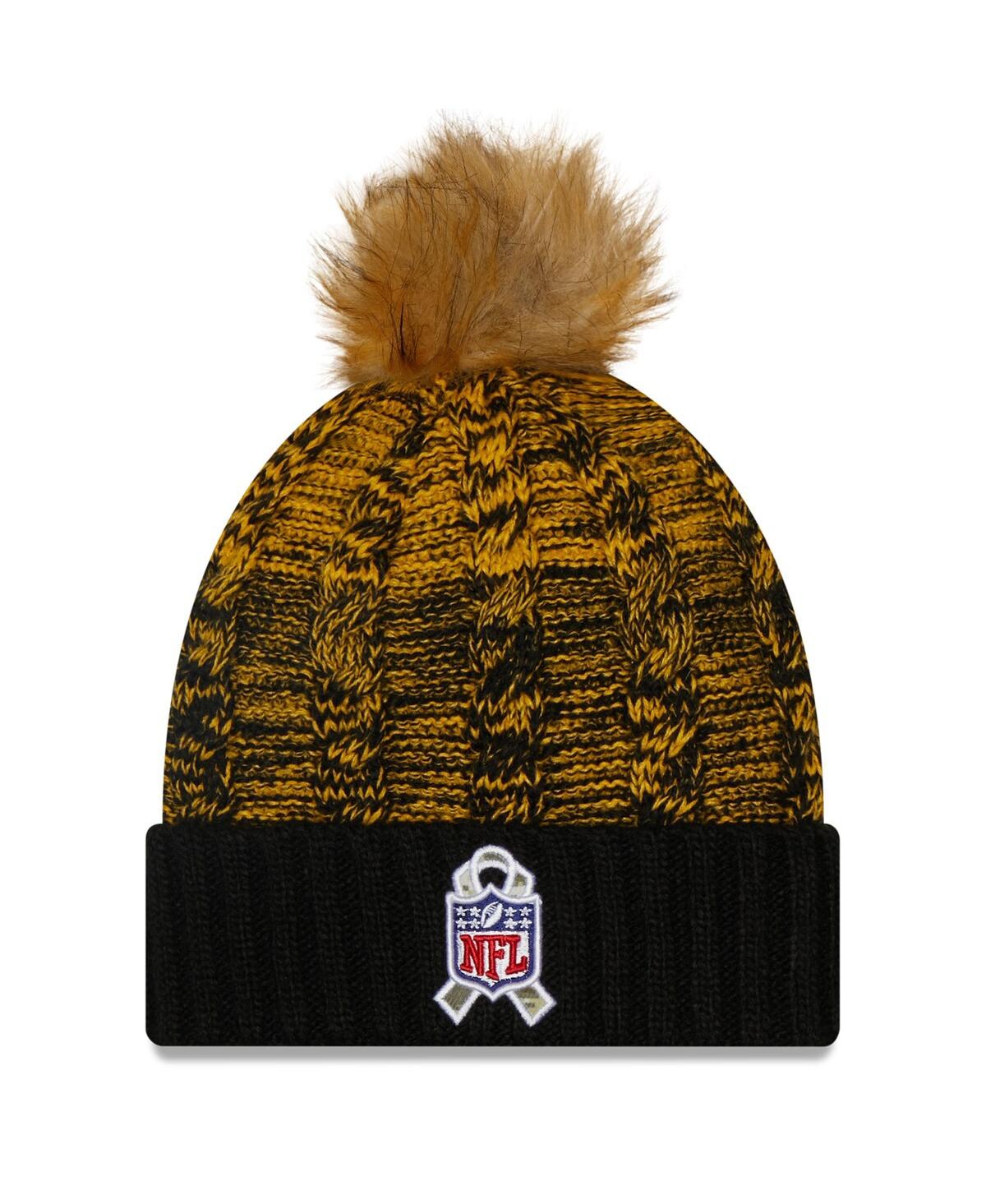 Shop New Era Women's  Black, Yellow Pittsburgh Steelers 2022 Salute To Service Pom Knit Hat In Black,yellow