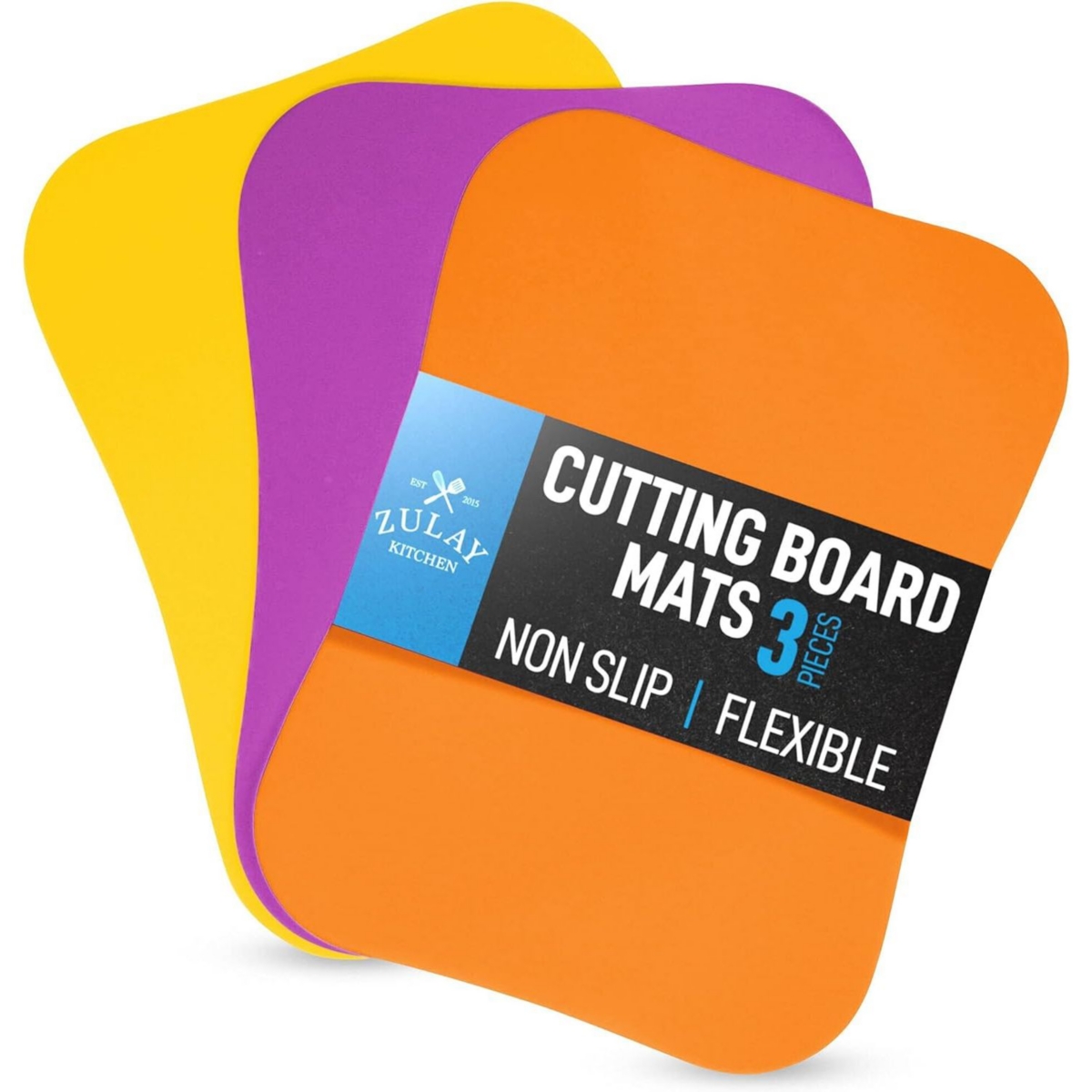 Zulay Kitchen Non-Slip Flexible Cutting Board Set - Dishwasher Friendly Cutting Mats For Cooking Set of 3 - Curved edge-yellow, apricot, grape