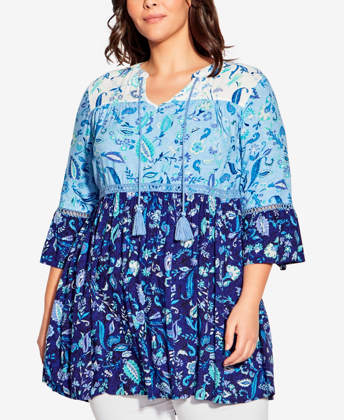 Avenue Plus Size Eliana Tiered Tunic Top In Blues Floral Mix