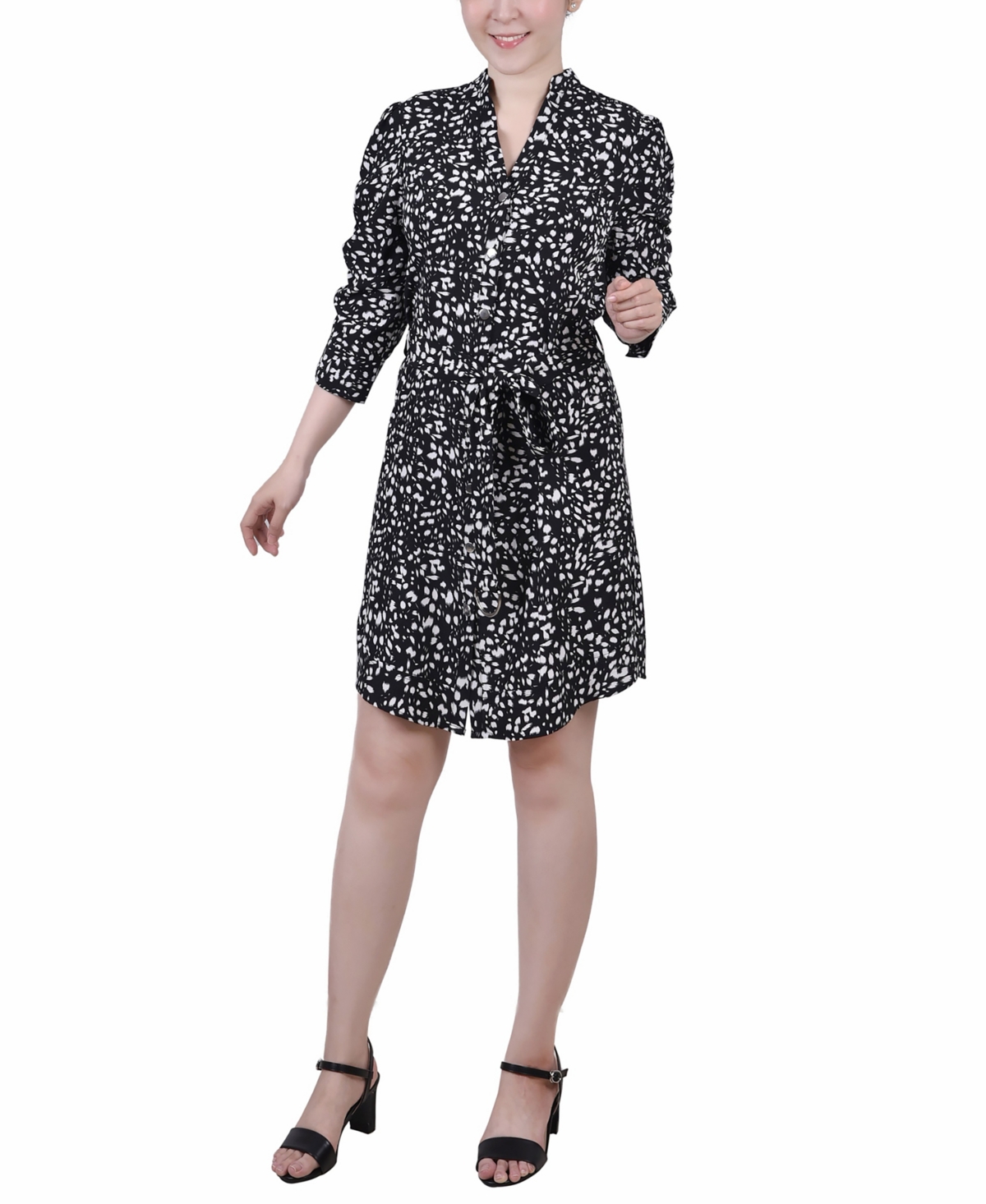 Petite 3/4 Rouched Sleeve Dress with Belt - Ivory Flower
